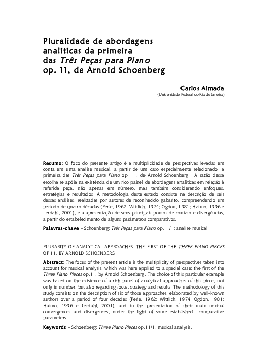 Pluralidade de abordagens analíticas da primeira das Três Peças para Piano op. 11, de Arnold Schoenberg