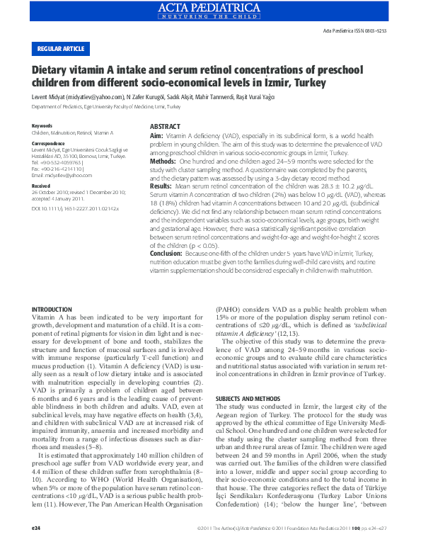 (PDF) Dietary vitamin A intake and serum retinol concentrations of ...