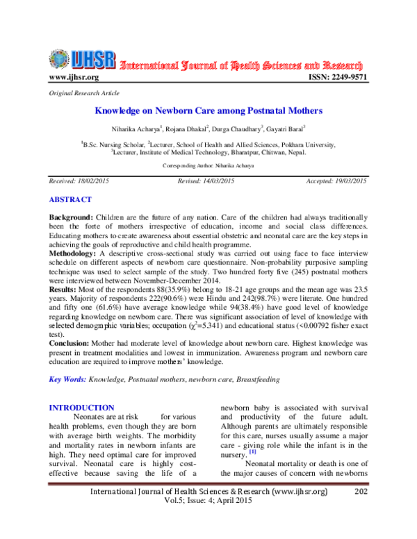 (PDF) Knowledge on Newborn Care among Postnatal Mothers