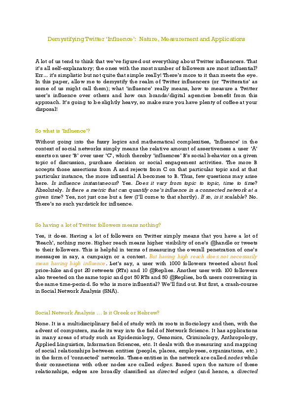 (PDF) Demystifying Twitter 'Influence': Nature, Measurement and ...