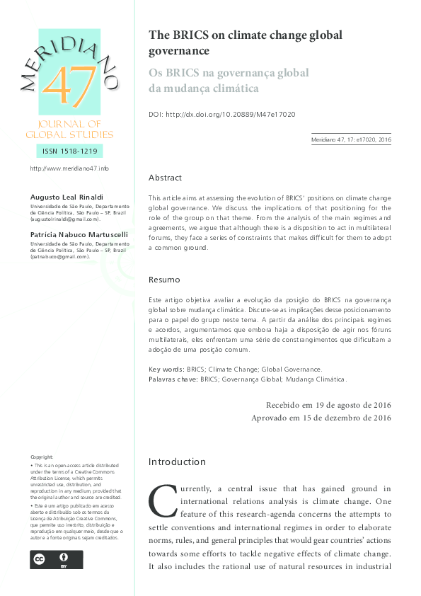 (PDF) The BRICS on climate change global governance