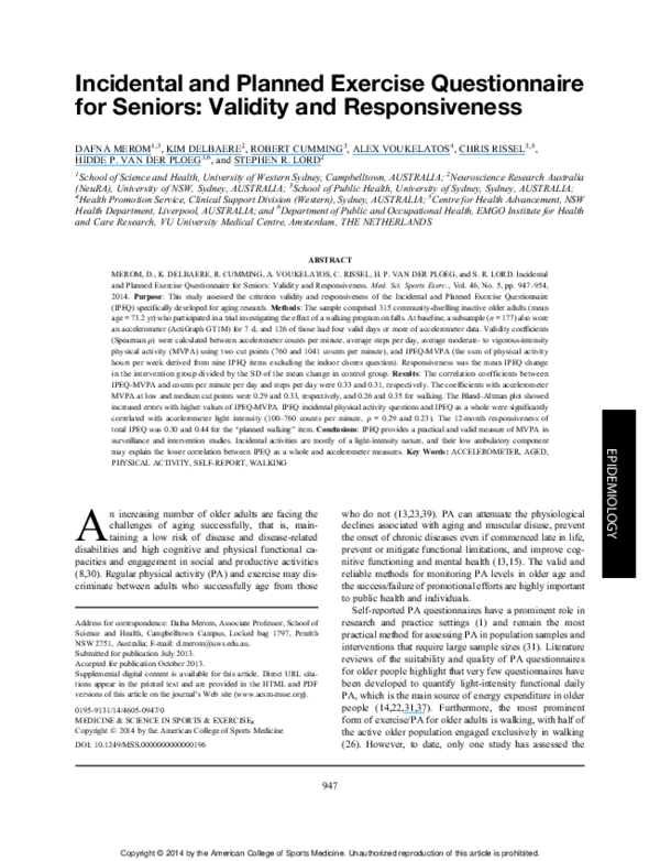 (PDF) Incidental and Planned Exercise Questionnaire for Seniors