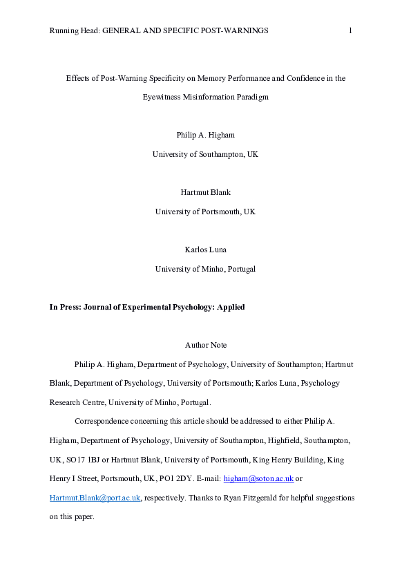 (PDF) Effects of Post-Warning Specificity on Memory Performance and ...