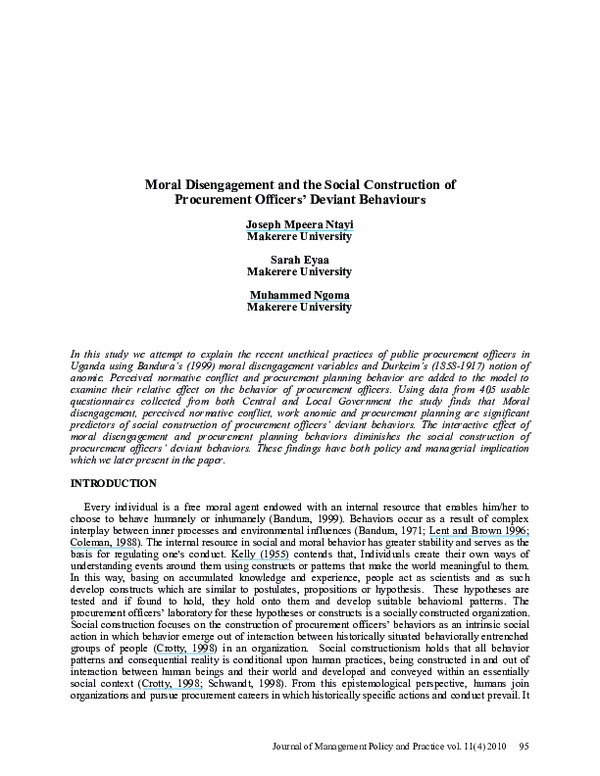 (PDF) Moral Disengagement and the Social Construction of Procurement ...
