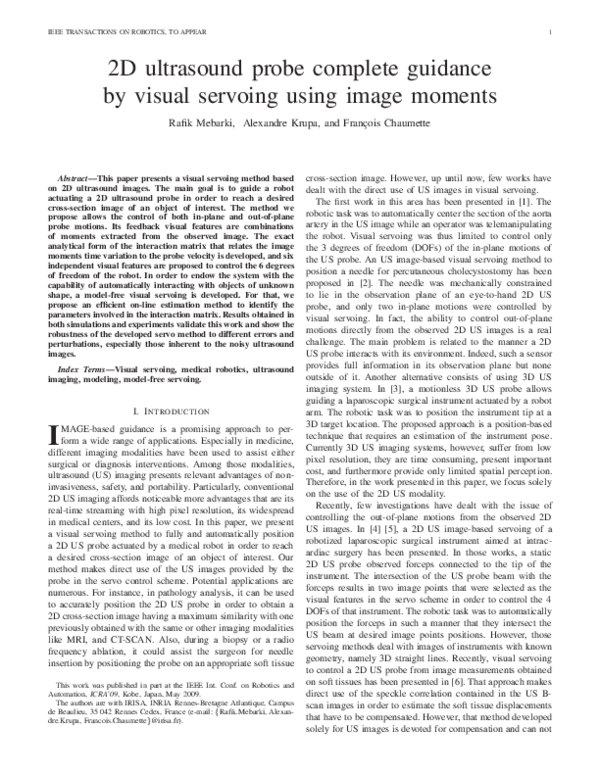 (PDF) 2-D Ultrasound Probe Complete Guidance by Visual Servoing Using ...