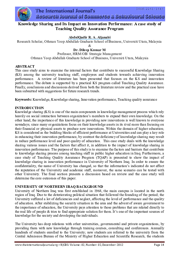 (PDF) Knowledge Sharing and Its Impact on Innovation Performance: A ...