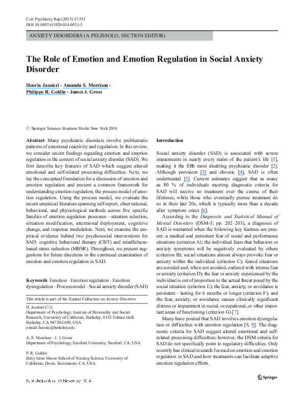 (PDF) The Role of Emotion and Emotion Regulation in Social Anxiety Disorder