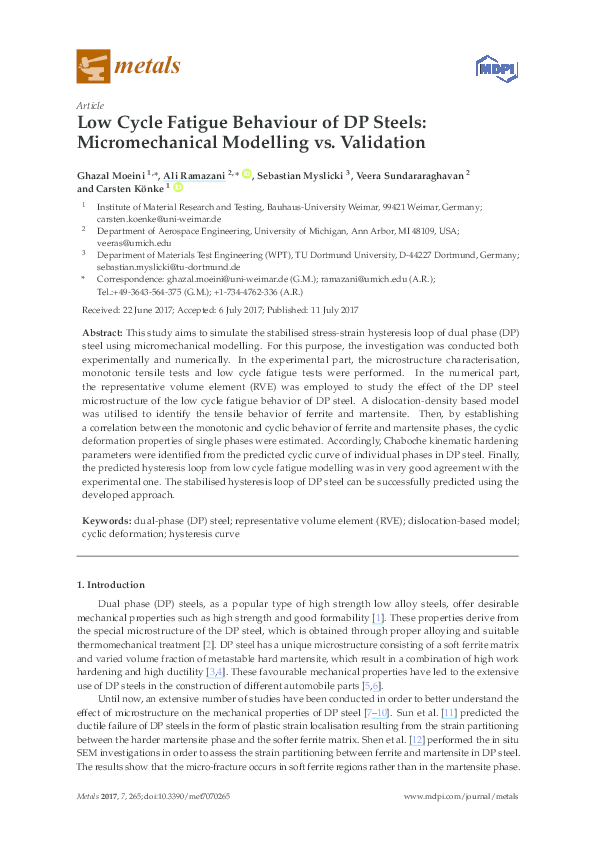 (PDF) Low Cycle Fatigue Behaviour of DP Steels: Micromechanical ...