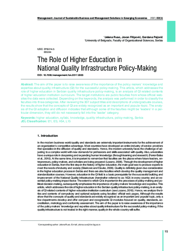(PDF) The Role of Higher Education in National Quality Infrastructure ...