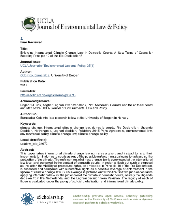 (PDF) “Enforcing International Climate Change Law in Domestic Courts: A ...