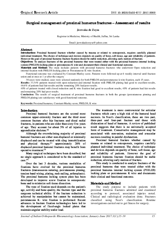 (PDF) Surgical management of proximal humerus fractures – Assessment of ...