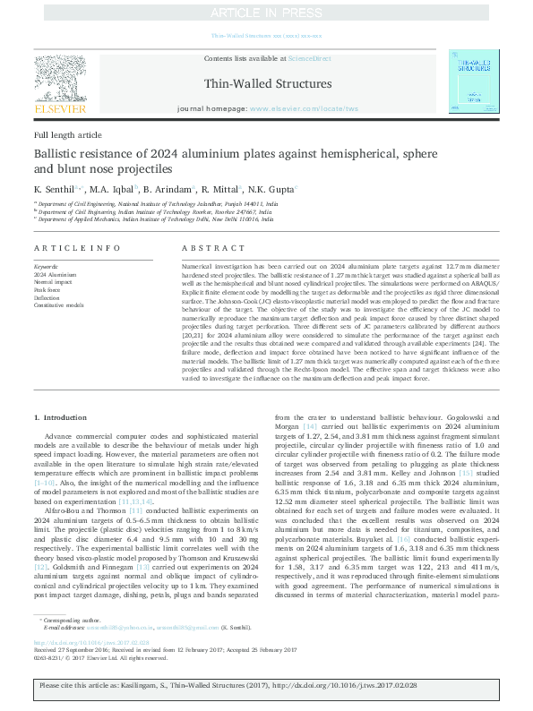 (PDF) Ballistic resistance of 2024 aluminium plates against ...