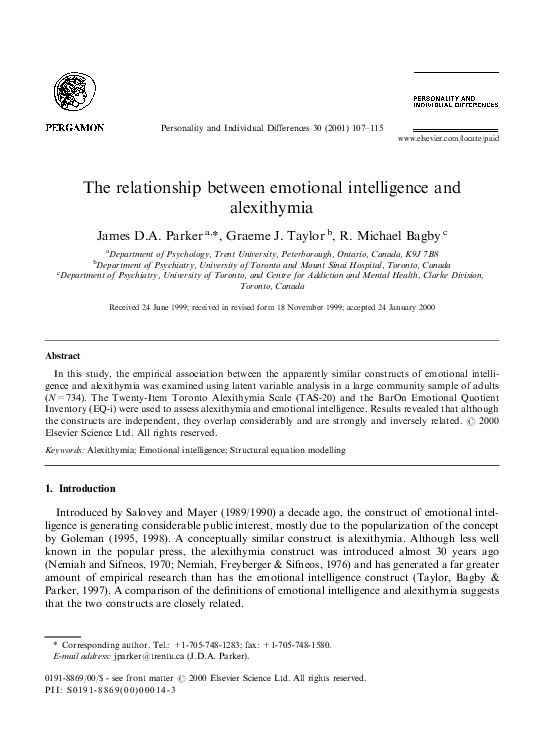 (PDF) The relationship between emotional intelligence and alexithymia