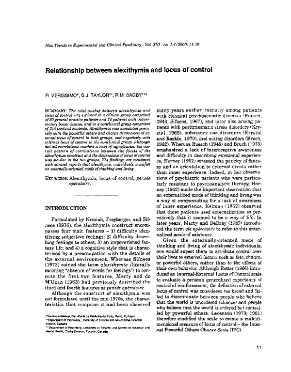 (PDF) Relationship between alexithymia and locus of control