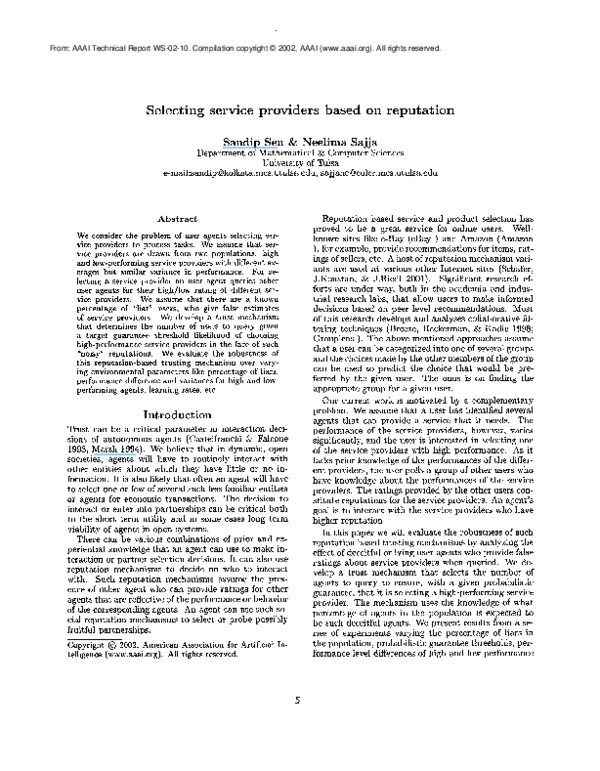 (PDF) Selecting service providers based on reputation