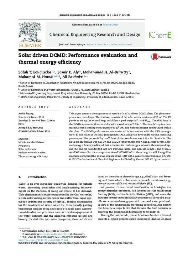 (PDF) Solar driven DCMD Performance evaluation and thermal energy ...