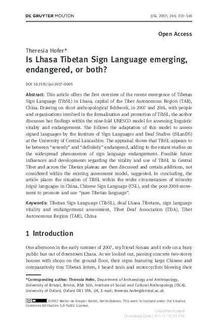 (PDF) Is Lhasa Tibetan Sign Language emerging, endangered, or both?