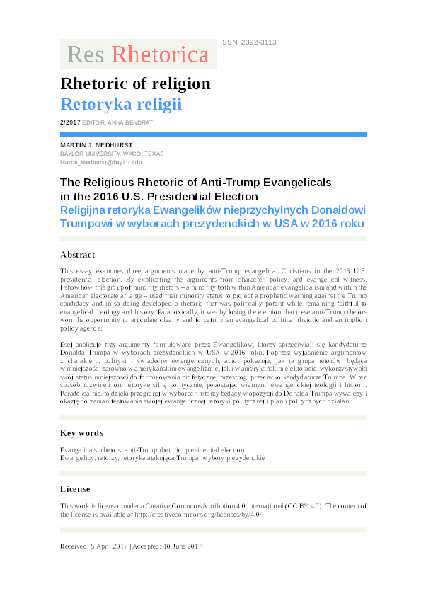 (PDF) The Religious Rhetoric of Anti-Trump Evangelicals in the 2016 U.S ...