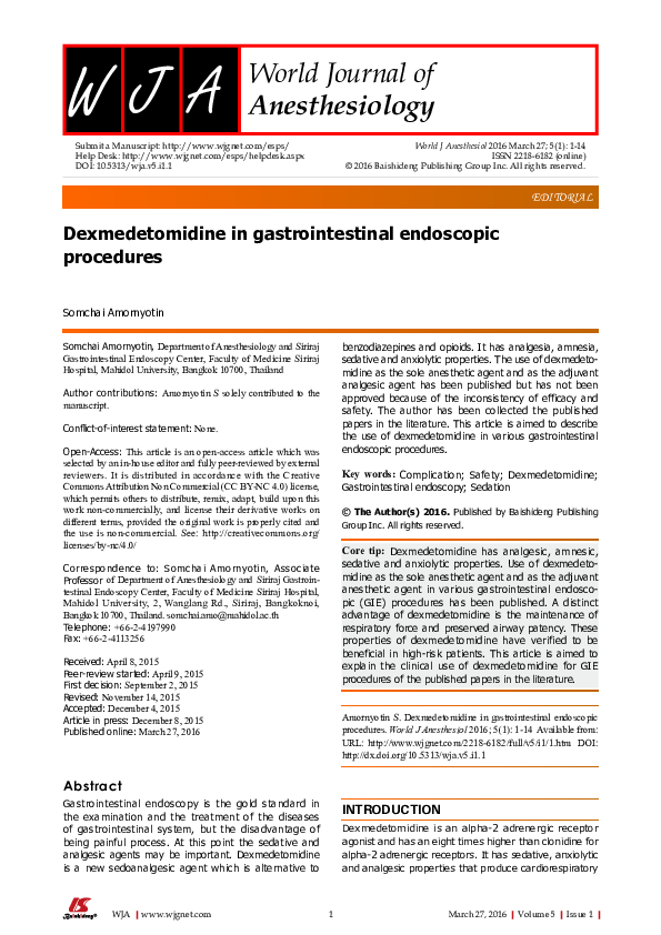 (PDF) Dexmedetomidine in gastrointestinal endoscopic procedures