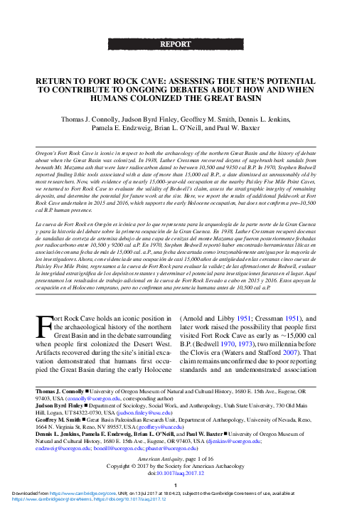 RETURN TO FORT ROCK CAVE: ASSESSING THE SITE'S POTENTIAL TO CONTRIBUTE TO ONGOING DEBATES ABOUT HOW AND WHEN HUMANS COLONIZED THE GREAT BASIN
