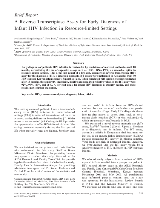 (PDF) A Reverse Transcriptase Assay for Early Diagnosis of Infant HIV ...