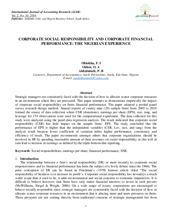 (PDF) CORPORATE SOCIAL RESPONSIBILITY AND CORPORATE FINANCIAL ...