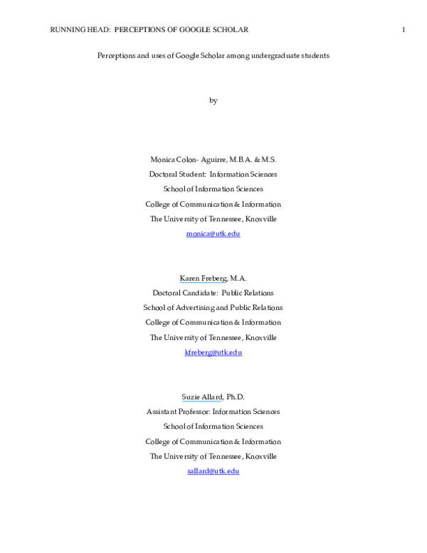 (PDF) Perceptions and uses of Google Scholar among undergraduate students