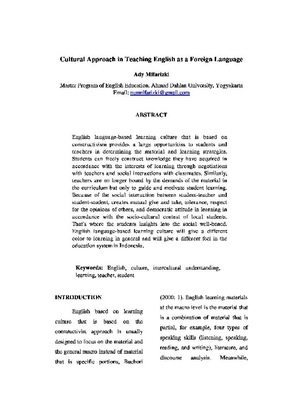 (PDF) Cultural Approach in Teaching English as a Foreign Language
