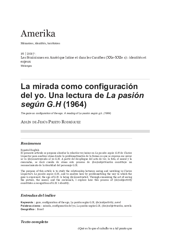 (PDF) La mirada como configuración del yo. Una lectura de La pasión