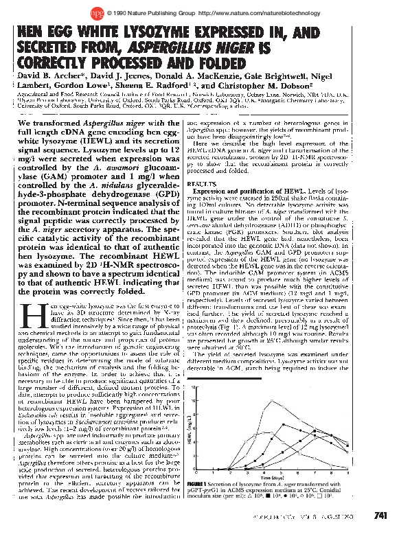 (PDF) Hen Egg White Lysozyme Expressed in, and Secreted from ...