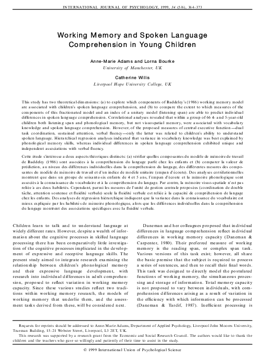 (PDF) Working Memory and Spoken Language Comprehension in Young Children
