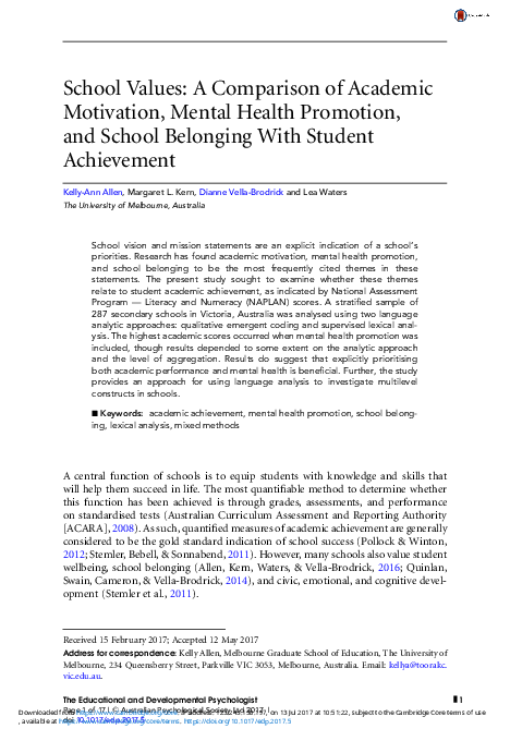 (PDF) School Values: A Comparison of Academic Motivation, Mental Health ...