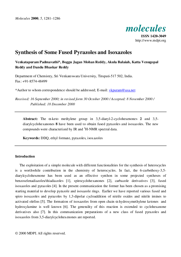 (PDF) Synthesis of Some Fused Pyrazoles and Isoxazoles
