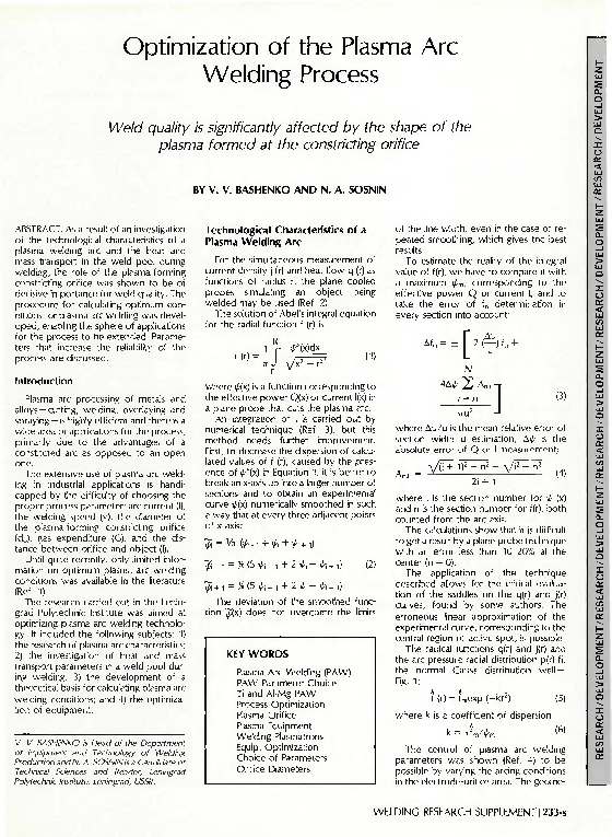 (PDF) Optimization of the Plasma Arc Welding Process