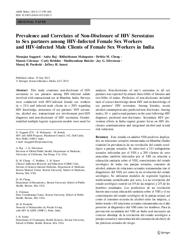 (PDF) Prevalence and Correlates of Non-Disclosure of HIV Serostatus to ...