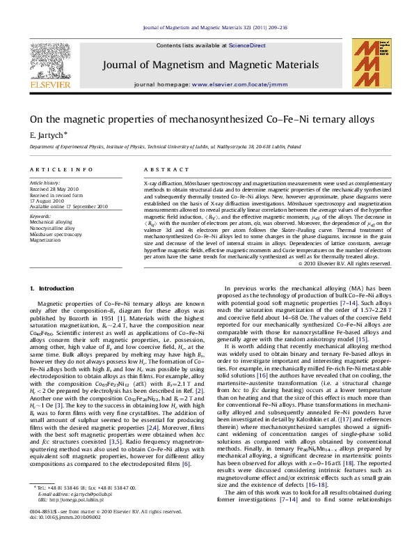 (PDF) On the magnetic properties of mechanosynthesized Co–Fe–Ni ternary ...
