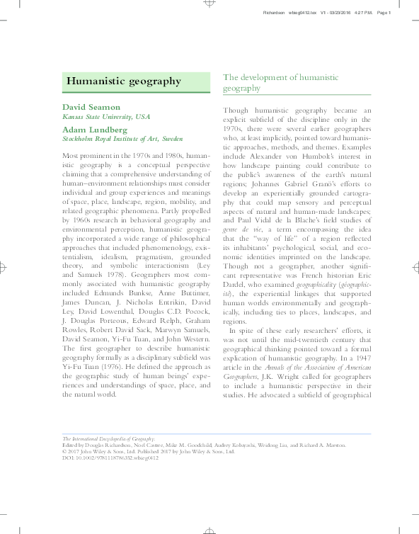(PDF) Humanistic Geography [encyclopedia entry] (2017) David Seamon
