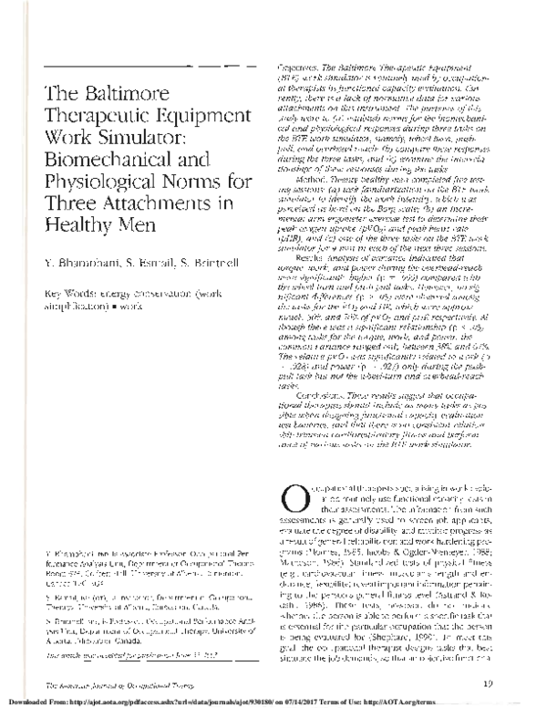 (PDF) The Baltimore Therapeutic Equipment Work Simulator: Biomechanical ...