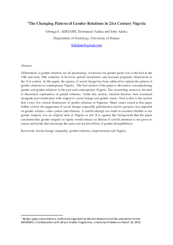 (DOC) The Changing Pattern of Gender Relations in 21st Century Nigeria