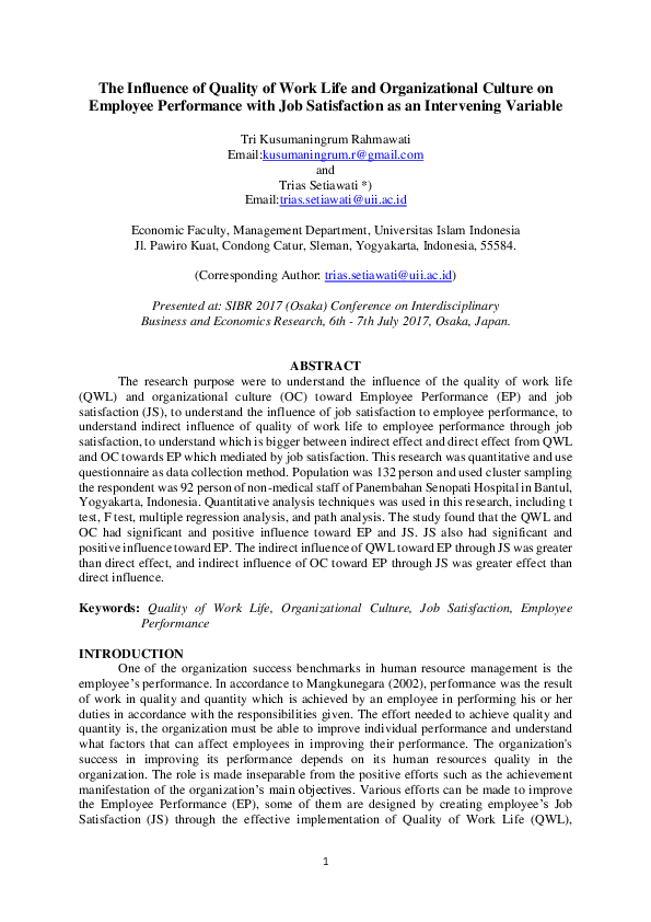 (PDF) The Influence of Quality of Work Life and Organizational Culture ...