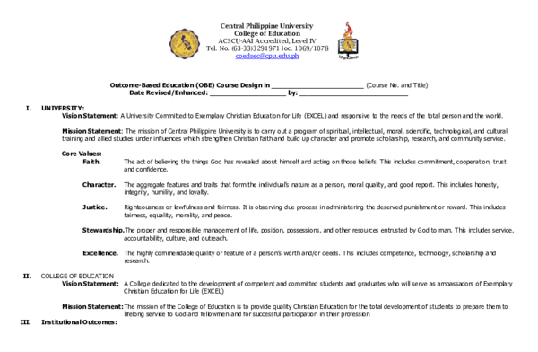 (DOC) Outcome-Based Education (OBE) Course Design in ...