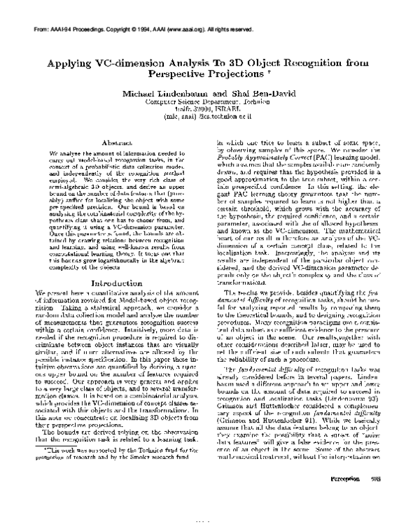 (PDF) Applying VC-Dimension Analysis To 3D Object Recognition from ...