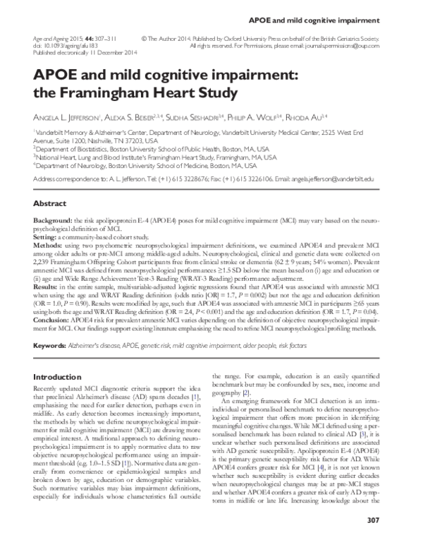 (PDF) APOE and mild cognitive impairment: the Framingham Heart Study
