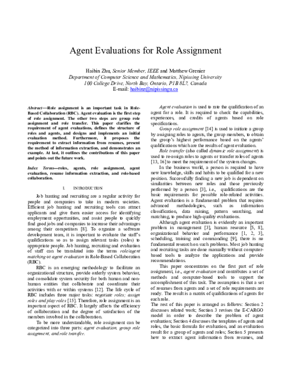 (PDF) Agent evaluations for role assignment
