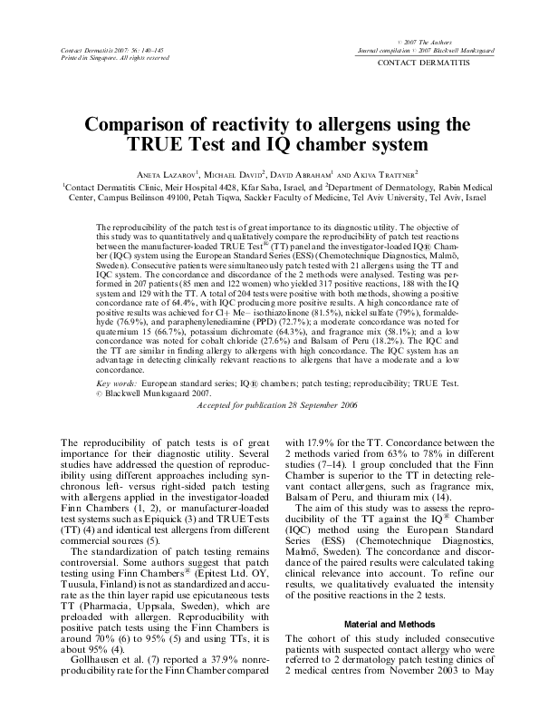 (PDF) Comparison of reactivity to allergens using the TRUE Test and IQ ...