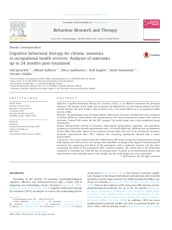 (PDF) Cognitive behavioral therapy for chronic insomnia in occupational ...