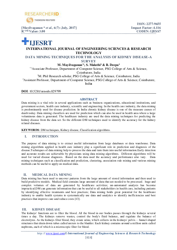 (PDF) DATA MINING TECHNIQUES FOR THE ANALYSIS OF KIDNEY DISEASE-A SURVEY