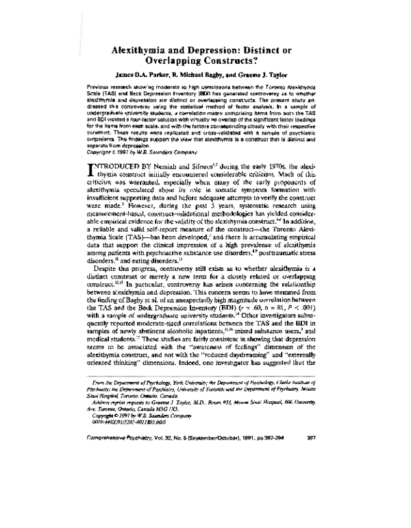 (PDF) Alexithymia and Depression: Distinct or Overlapping Constructs