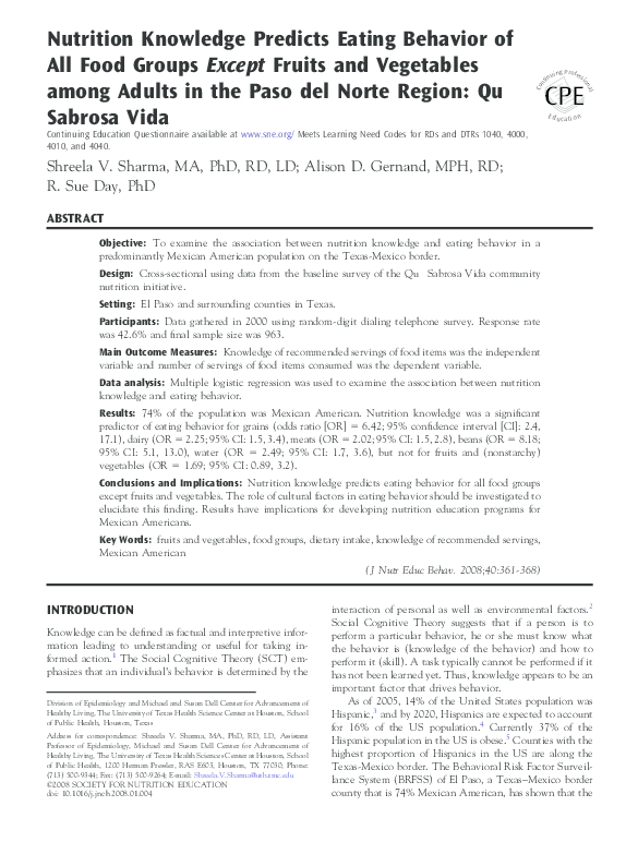 (PDF) Nutrition Knowledge Predicts Eating Behavior of All Food Groups ...