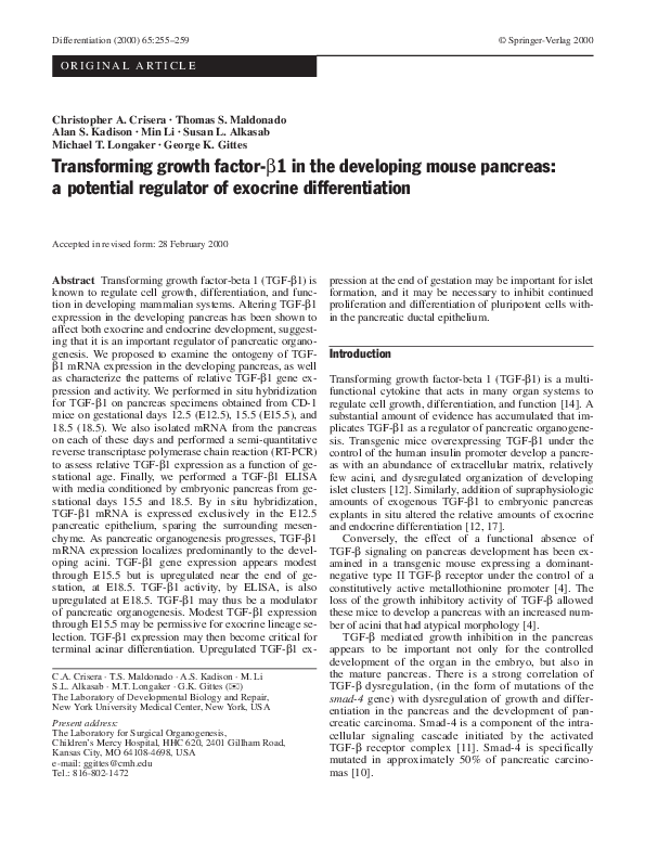 Transforming growth factor-beta1 in the developing mouse pancreas: a potential regulator of exocrine differentiation